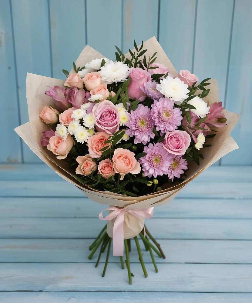 Букет цветов из: Хризантемы, Розы и Альстромерии в Родниках Московской области