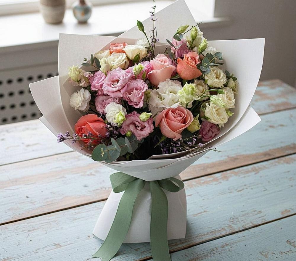 Букет цветов из: Розы, Лизиантусы и Гвоздики в Родниках Московской области