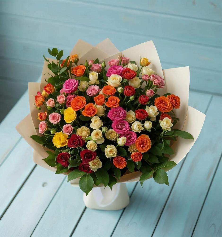 Букет Микс из разноцветных кустовых роз в Родниках Московской области