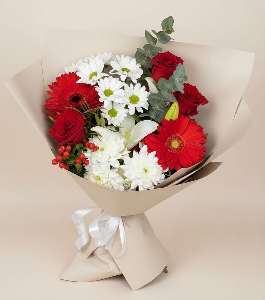 Букет цветов из: Розы, Хризантемы, Герберы и Лилии в Родниках Московской области