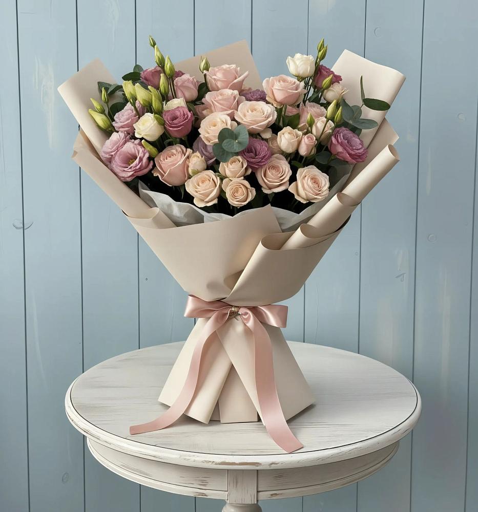 Букет цветов из: Розы и Лизиантусы в Родниках Московской области