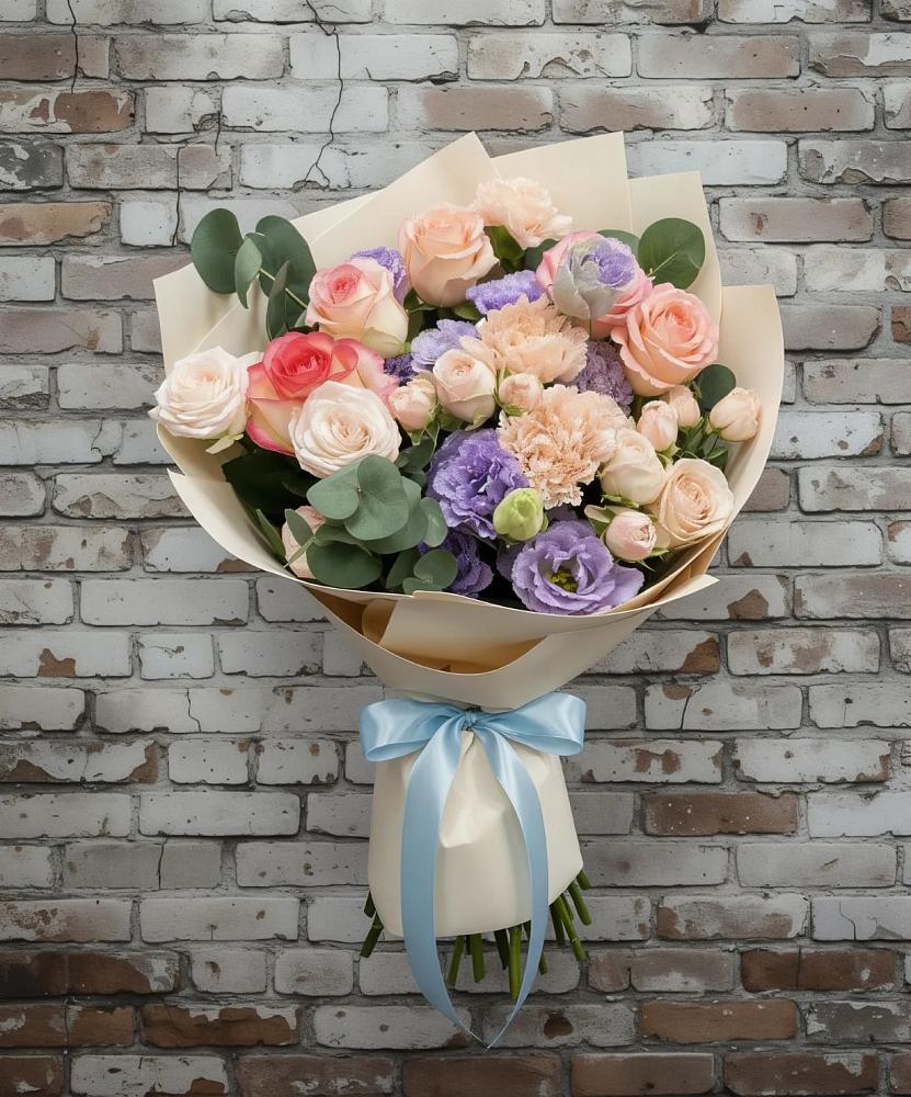 Букет цветов из: Розы, Лизиантусы и Гвоздики в Родниках Московской области