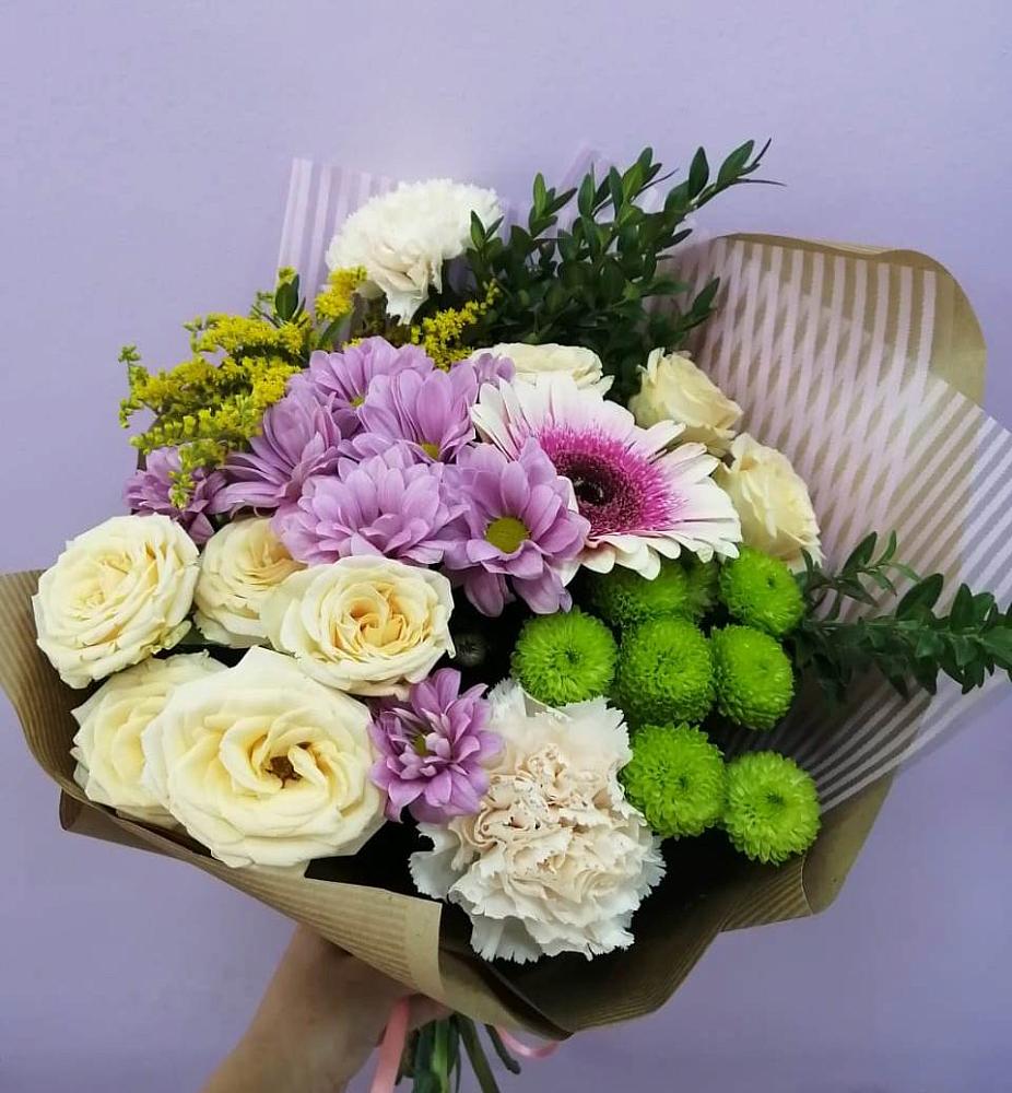 Букет цветов из: Хризантемы, Розы, Гвоздики и Герберы в Родниках Московской области