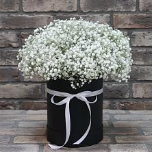 Цветочная композиция из Гипсофила в шляпной коробке в Родниках Московской области