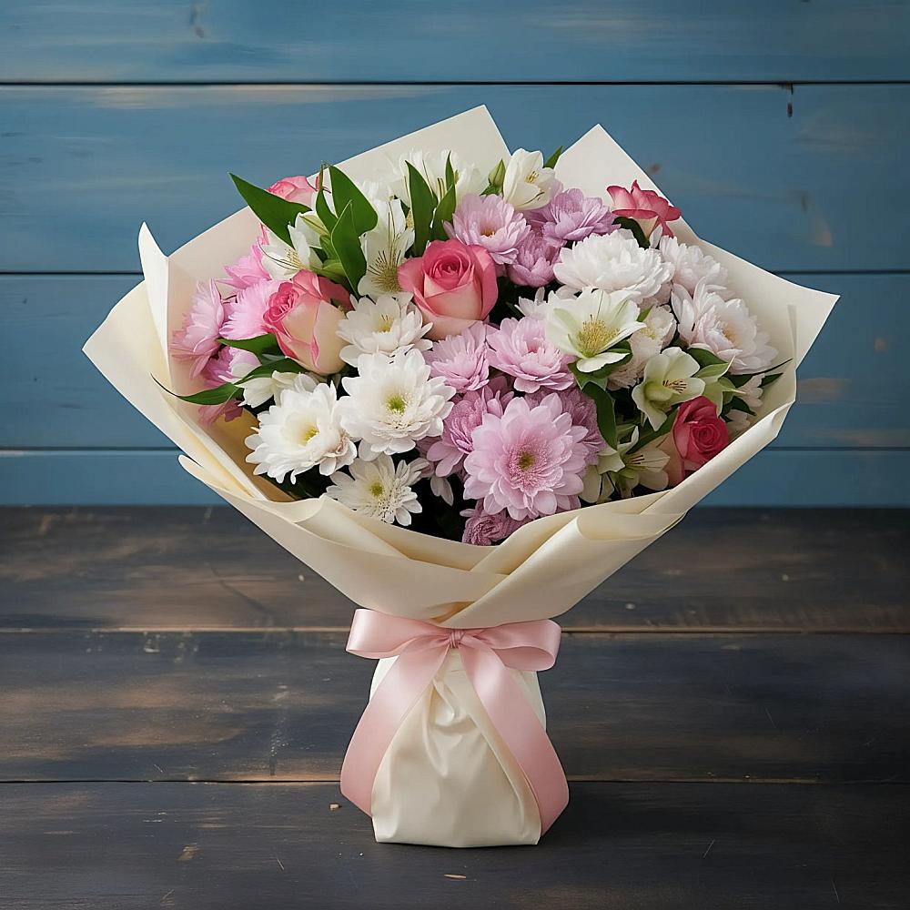 Букет цветов из: Хризантемы, Альстромерии и Розы в Родниках Московской области